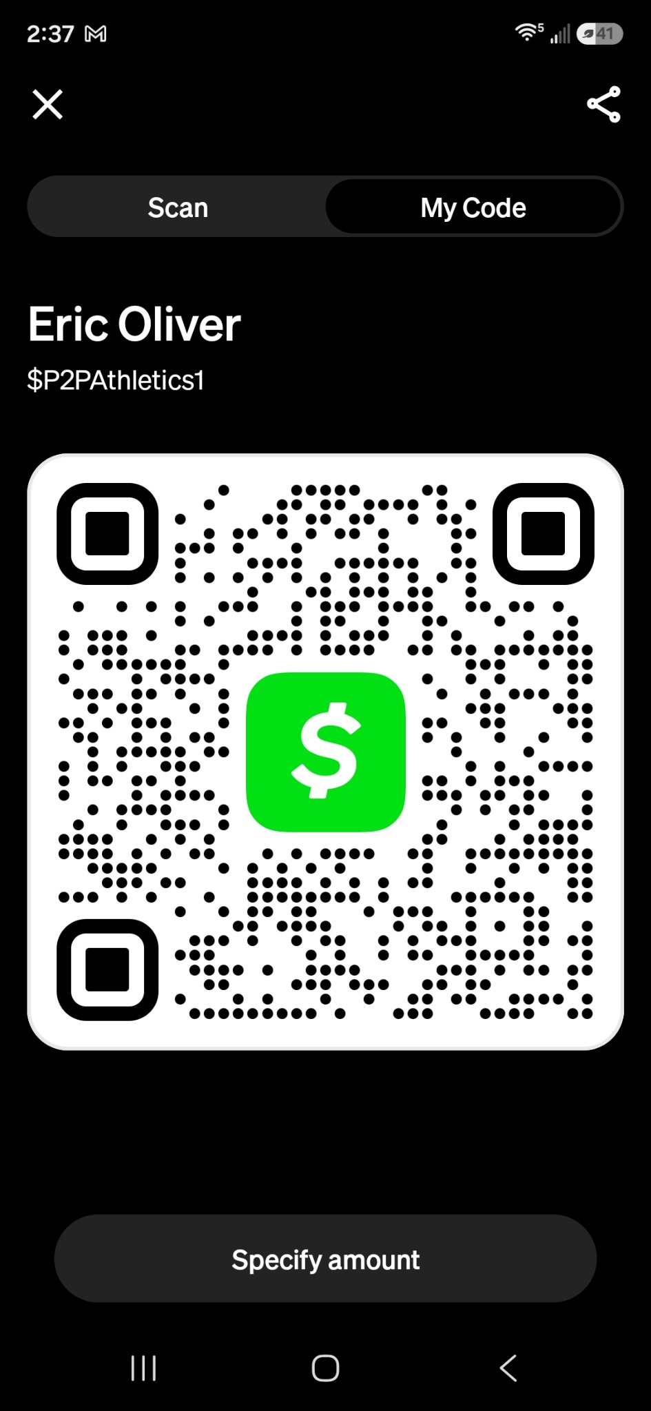 Official Cash App QR code for Pain2Purpose Athletics, cashtag $P2PAthletics1