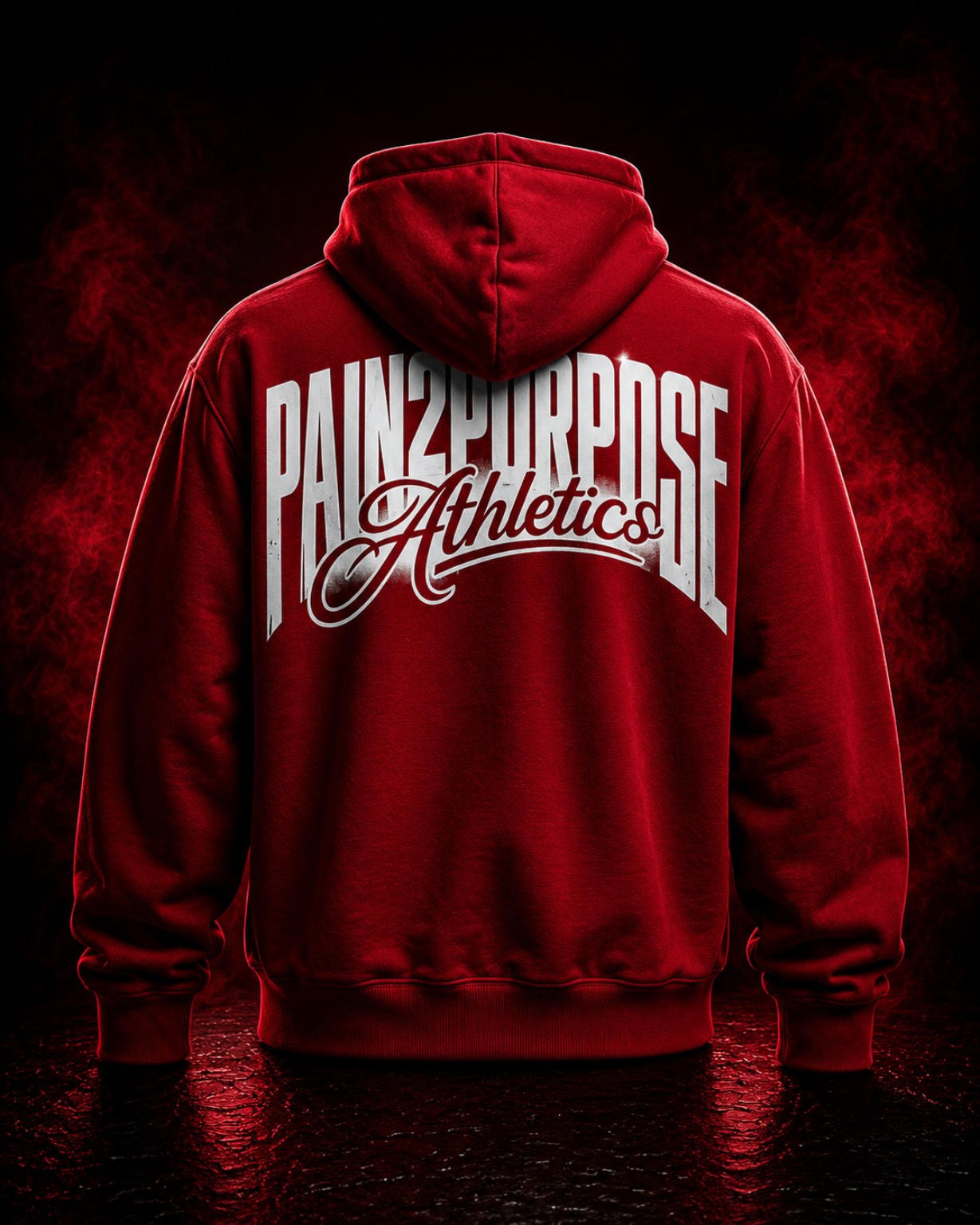 Back view of The Coronation red hoodie with a large white Pain2Purpose Athletics logo