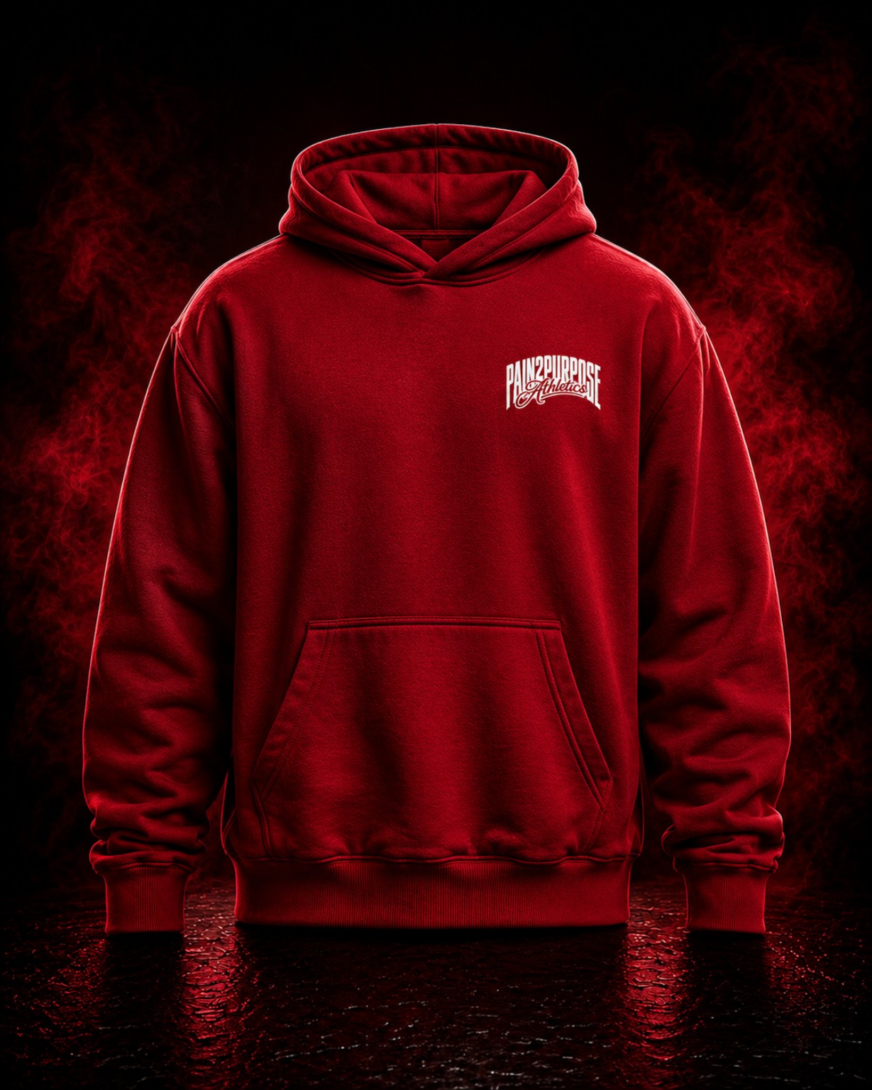 Front view of The Coronation red hoodie with a white Pain2Purpose Athletics chest logo