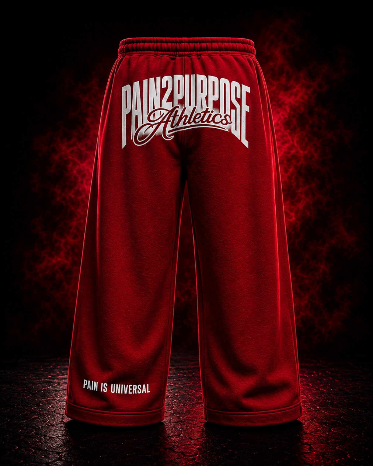 Front view of The Coronation red wide-leg sweats with white Pain2Purpose Athletics branding