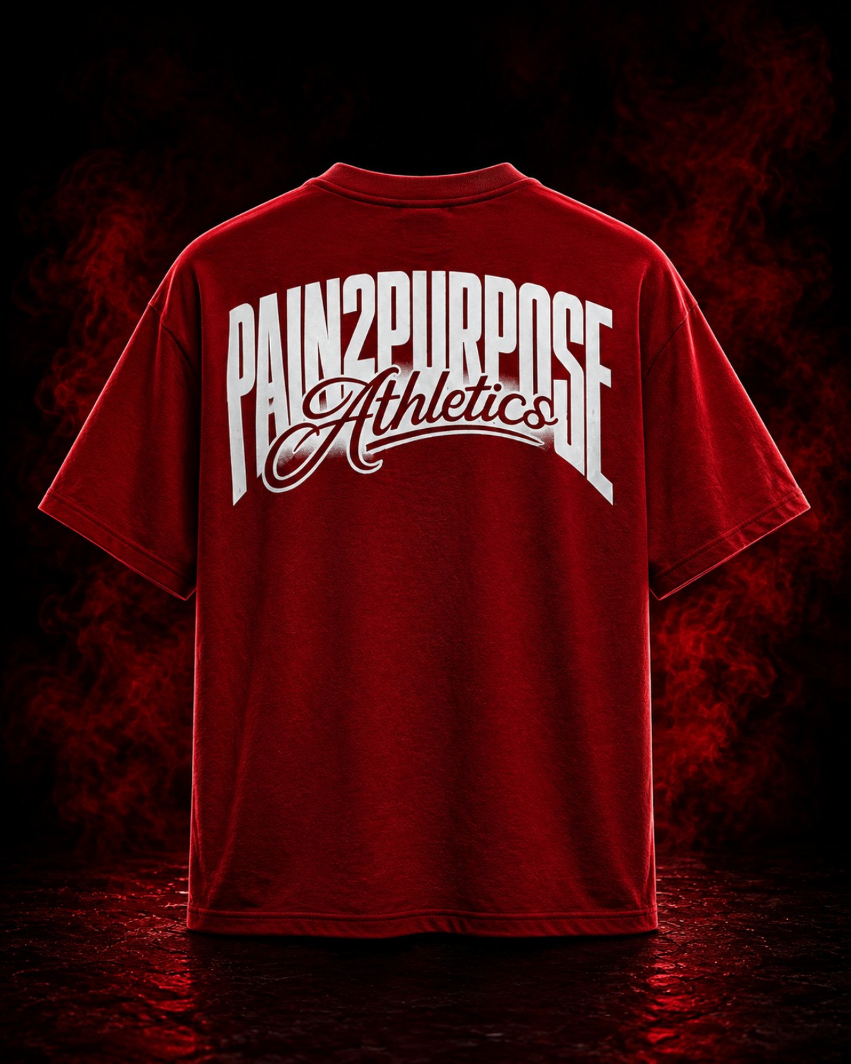 Back view of The Coronation red T-shirt with a large white Pain2Purpose Athletics logo