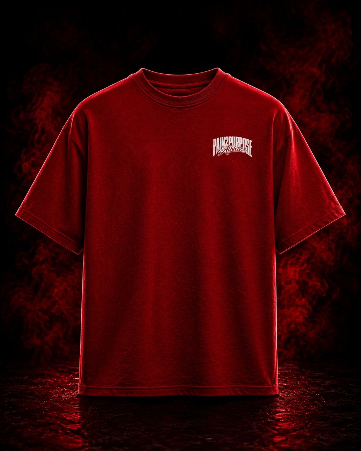 Front view of The Coronation red T-shirt with a white Pain2Purpose Athletics chest logo