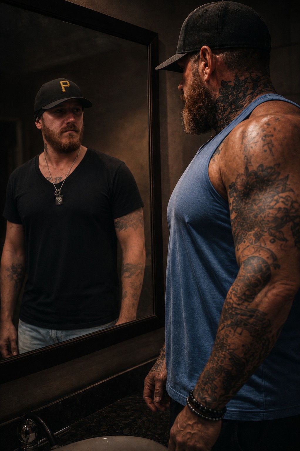 Eric Oliver facing his former self in a mirror, representing survival and rebuilding