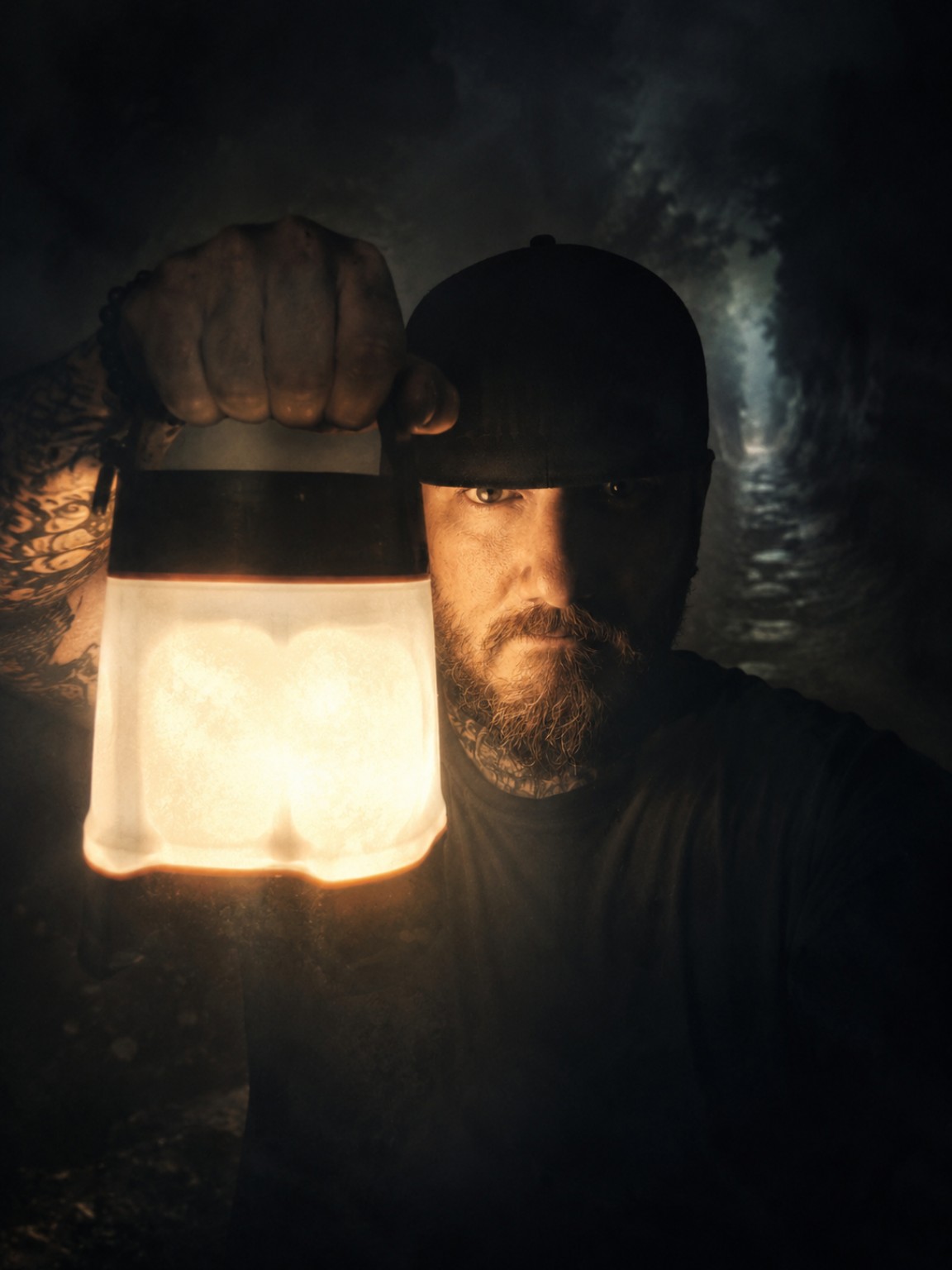 Eric Oliver holding a lantern in the darkness as the Lightkeeper