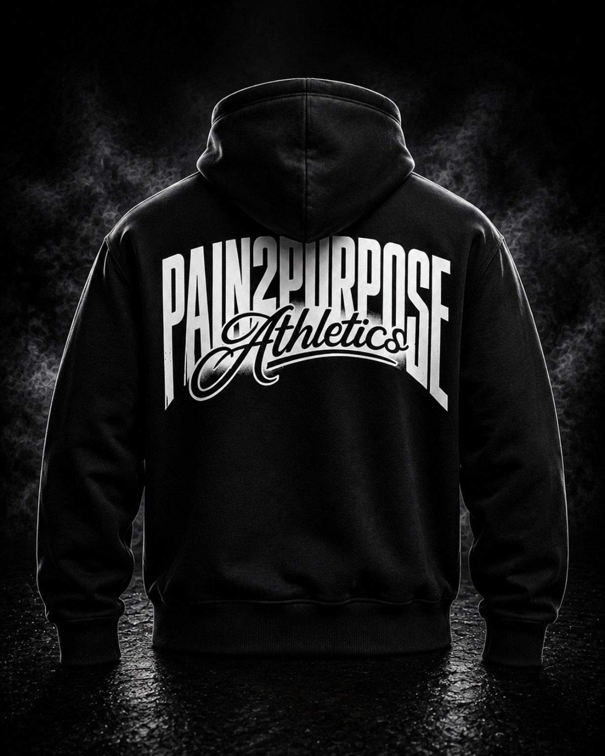 Back view of The Standard black hoodie with a large white Pain2Purpose Athletics logo