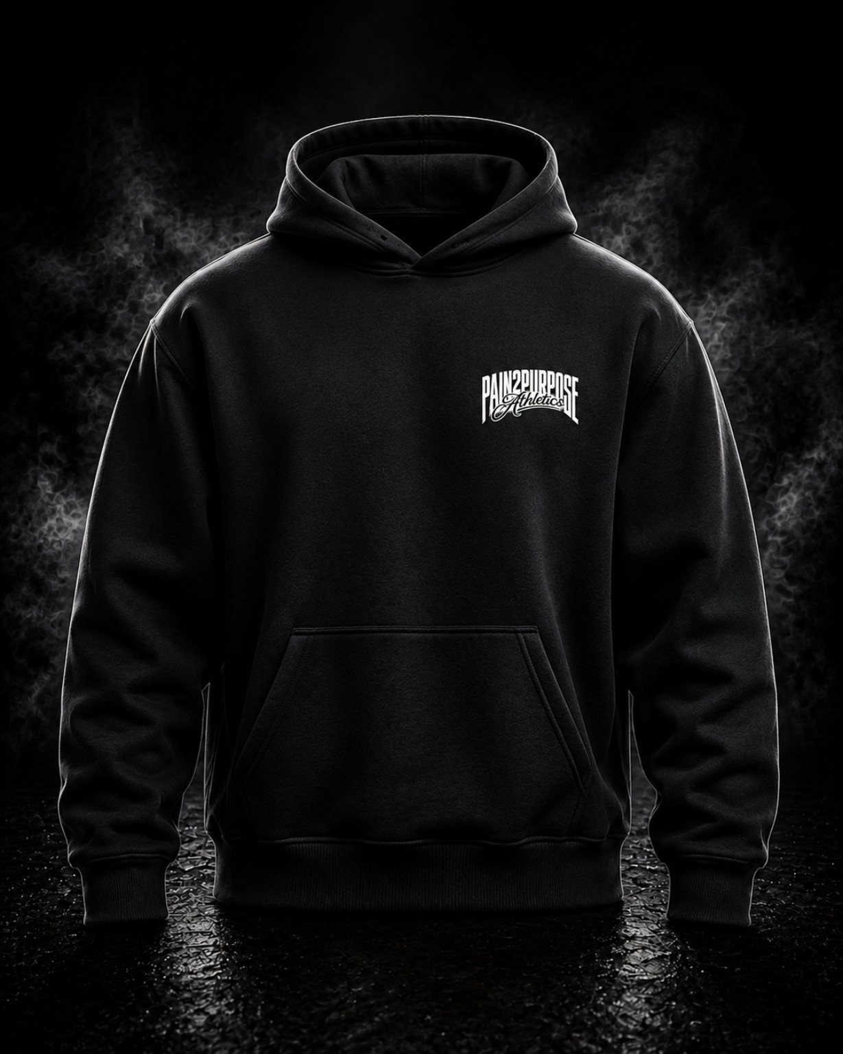 Front view of The Standard black hoodie with a white Pain2Purpose Athletics chest logo
