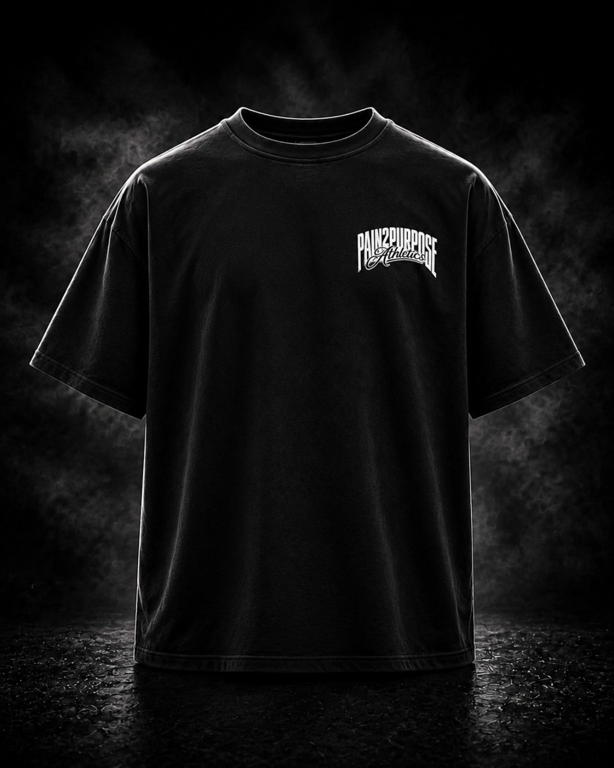 Front view of The Standard black T-shirt with a white Pain2Purpose Athletics chest logo